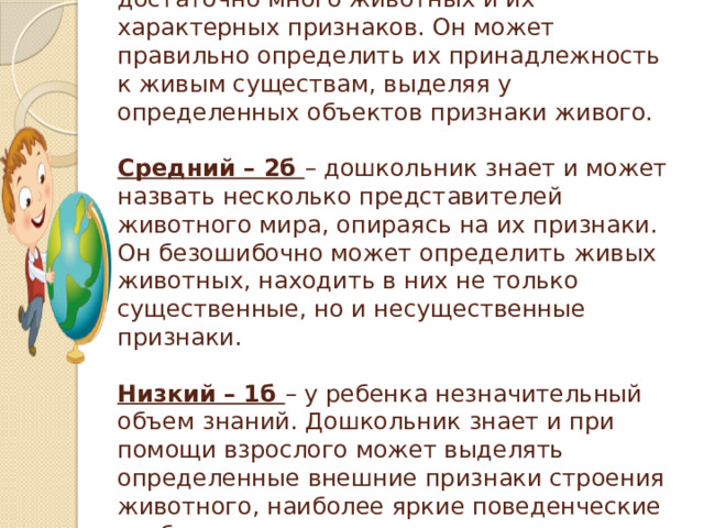 Высокий – 3б – дошкольник знает достаточно много животных и их характерных признаков. Он может правильно определить их принадлежность к живым существам, выделяя у определенных объектов признаки живого.   Средний – 2б – дошкольник знает и может назвать несколько представителей животного мира, опираясь на их признаки. Он безошибочно может определить живых животных, находить в них не только существенные, но и несущественные признаки.   Низкий – 1б – у ребенка незначительный объем знаний. Дошкольник знает и при помощи взрослого может выделять определенные внешние признаки строения животного, наиболее яркие поведенческие особенности животных и их реакции.