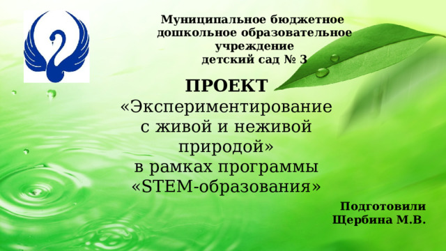 Муниципальное бюджетное дошкольное образовательное учреждение детский сад № 3   ПРОЕКТ «Экспериментирование с живой и неживой природой»  в рамках программы «STEM-образования»   Подготовили Щербина М.В.