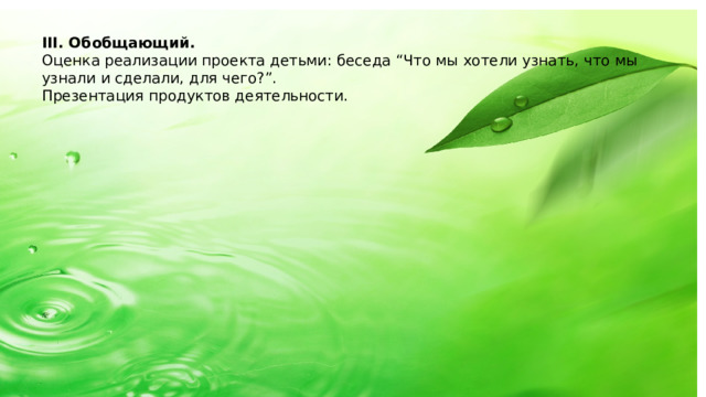 III. Обобщающий. Оценка реализации проекта детьми: беседа “Что мы хотели узнать, что мы узнали и сделали, для чего?”. Презентация продуктов деятельности.