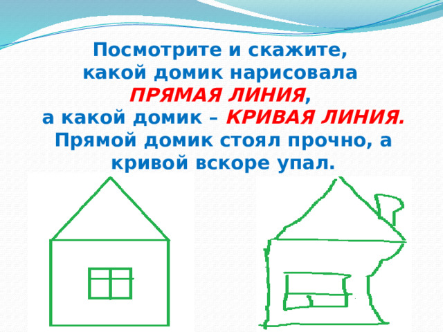 Посмотрите и скажите,  какой домик нарисовала  ПРЯМАЯ ЛИНИЯ ,  а какой домик – КРИВАЯ ЛИНИЯ.  Прямой домик стоял прочно, а кривой вскоре упал.