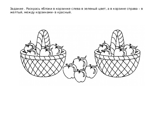 Задание . Раскрась яблоки в корзинке слева в зеленый цвет, а в корзине справа – в желтый, между корзинами- в красный.