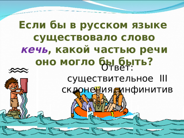 Если бы в русском языке существовало слово кечь , какой частью речи оно могло бы быть?  Ответ: существительное ІІІ склонения, инфинитив