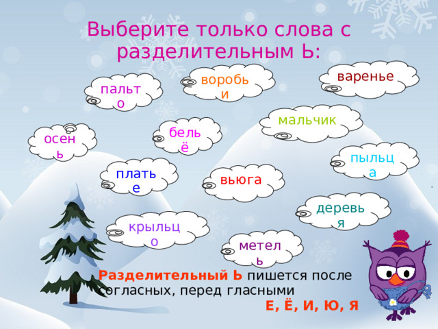 Выберите только слова с разделительным Ь: варенье воробьи пальто мальчик бельё осень пыльца платье вьюга деревья крыльцо метель Разделительный Ь  пишется после согласных, перед гласными Е, Ё, И, Ю, Я