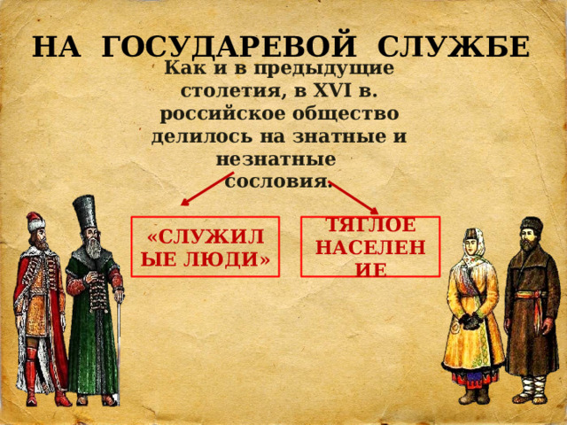 НА ГОСУДАРЕВОЙ СЛУЖБЕ Как и в предыдущие столетия, в XVI в. российское общество делилось на знатные и незнатные сословия. «СЛУЖИЛЫЕ ЛЮДИ» ТЯГЛОЕ НАСЕЛЕНИЕ