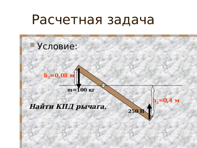 Расчетная задача Условие: h 1 = 0,08 м m= 100 кг h 2 = 0,4 м Найти КПД рычага. 250 Н
