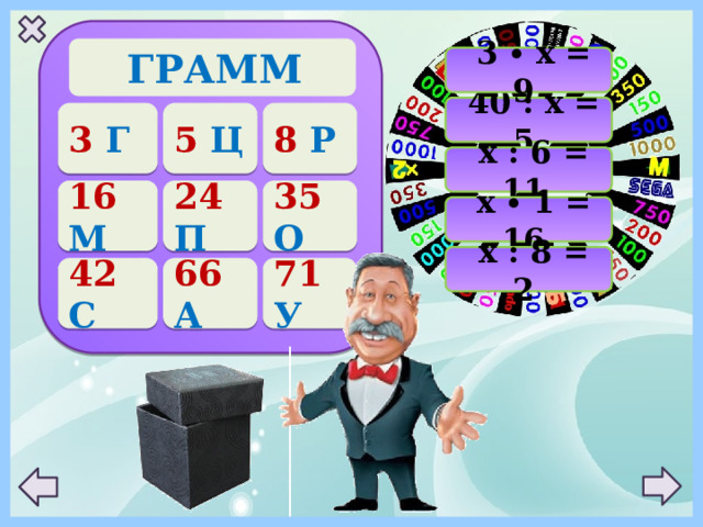 ГРАММ  3 ∙ х = 9  40 : х = 5 3 Г 5 Ц 8 Р  х : 6 = 11 35 О 24 П 16 М  х ∙ 1 = 16  х : 8 = 2 42 С 66 А 71 У