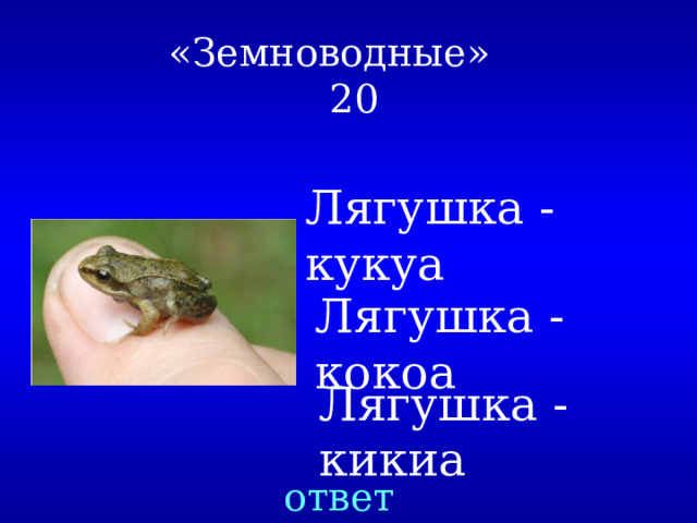 «Земноводные»  20 Лягушка - кукуа Лягушка - кокоа Лягушка - кикиа ответ
