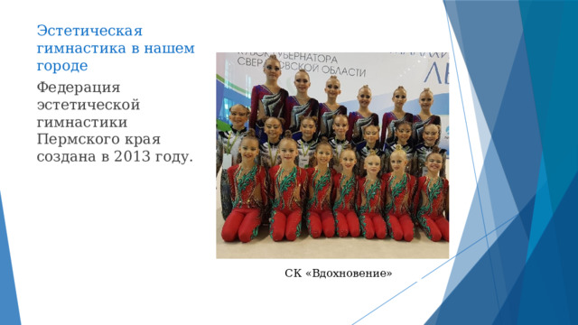 Эстетическая гимнастика в нашем городе Федерация эстетической гимнастики Пермского края создана в 2013 году. СК «Вдохновение»