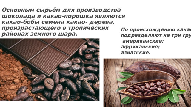 Основным сырьём для производства шоколада и какао-порошка являются какао-бобы семена какао- дерева, произрастающего в тропических районах земного шара. По происхождению какао-бобы подразделяют на три группы:  американские; африканские; азиатские. 