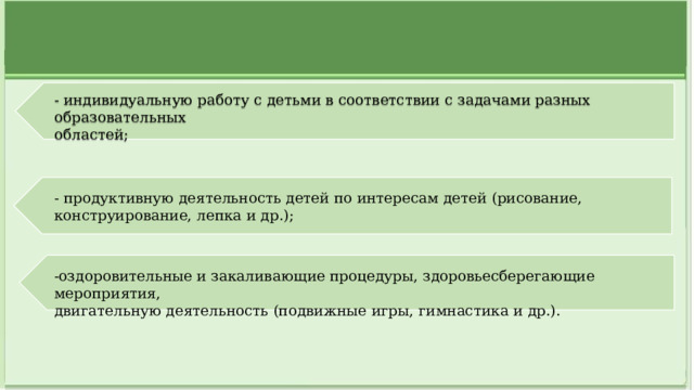 - индивидуальную работу с детьми в соответствии с задачами разных образовательных областей; - продуктивную деятельность детей по интересам детей (рисование, конструирование, лепка и др.); -оздоровительные и закаливающие процедуры, здоровьесберегающие мероприятия, двигательную деятельность (подвижные игры, гимнастика и др.).