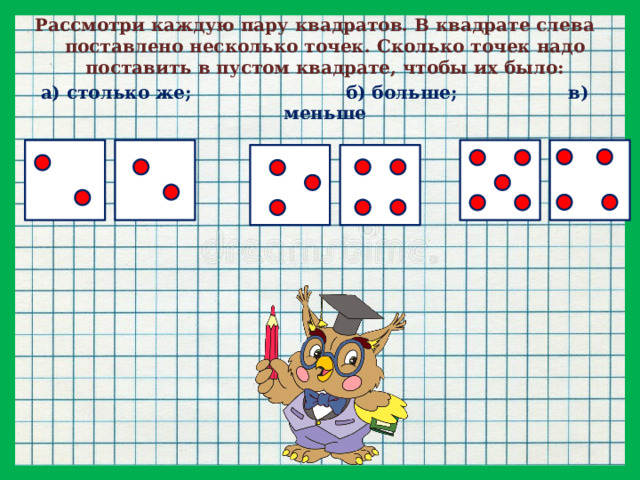 Рассмотри каждую пару квадратов. В квадрате слева поставлено несколько точек. Сколько точек надо поставить в пустом квадрате, чтобы их было: а) столько же; б) больше; в) меньше