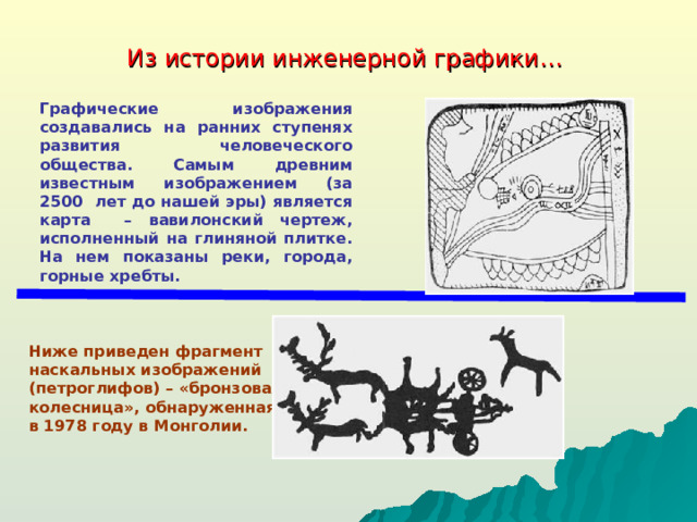 Из истории инженерной графики… Графические изображения создавались на ранних ступенях развития человеческого общества. Самым древним известным изображением (за 2500 лет до нашей эры) является карта – вавилонский чертеж, исполненный на глиняной плитке. На нем показаны реки, города, горные хребты. Ниже приведен фрагмент наскальных изображений (петроглифов) –  « бронзовая колесница » , обнаруженная в 1978 году в Монголии.