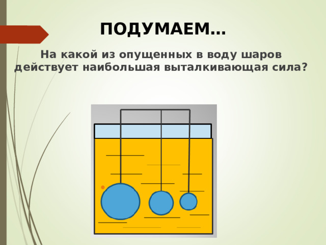 ПОДУМАЕМ… На какой из опущенных в воду шаров действует наибольшая выталкивающая сила?