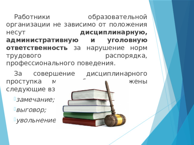 Работники образовательной организации не зависимо от положения несут дисциплинарную, административную и уголовную ответственность за нарушение норм трудового распорядка, профессионального поведения. За совершение дисциплинарного проступка могут быть возложены следующие взыскания: