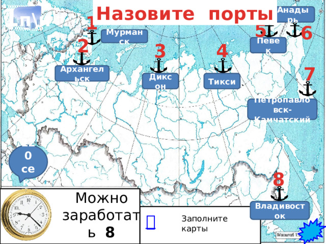 1 п\н Назовите порты  1 5 6  2 4  3 7     120 сек. 8 Можно заработать 8 баллов  Заполните карты