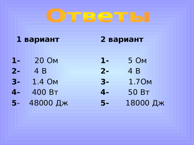 1 вариант 2 вариант  1- 20 Ом 2- 4 В 3- 1.4 Ом 4- 400 Вт 5 - 48000 Дж 1- 5 Ом 2- 4 В 3- 1.7Ом 4- 50 Вт 5- 18000 Дж