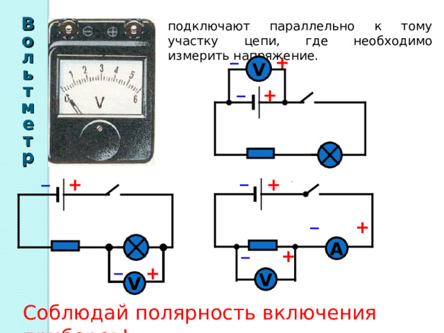 Вольтметр подключают параллельно к тому участку цепи, где необходимо измерить напряжение. _ + V _ + _ _ + + _ + _ A + _ + V V Соблюдай полярность включения приборов!