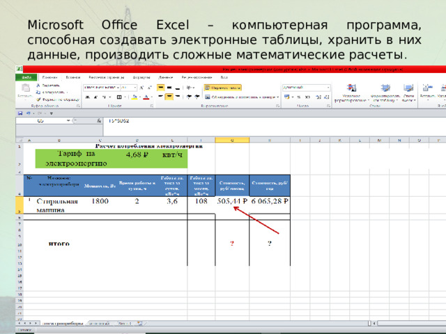 Microsoft Office Excel – компьютерная программа, способная создавать электронные таблицы, хранить в них данные, производить сложные математические расчеты .