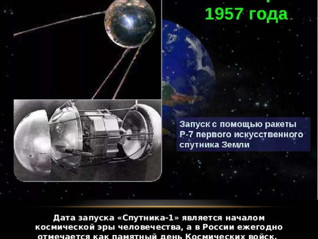 Дата запуска «Спутника-1» является началом космической эры человечества, а в России ежегодно отмечается как памятный день Космических войск.