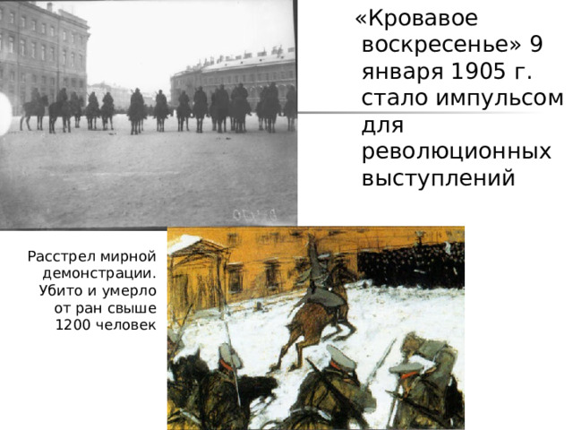 «Кровавое воскресенье» 9 января 1905 г. стало импульсом для революционных выступлений Расстрел мирной демонстрации. Убито и умерло от ран свыше 1200 человек