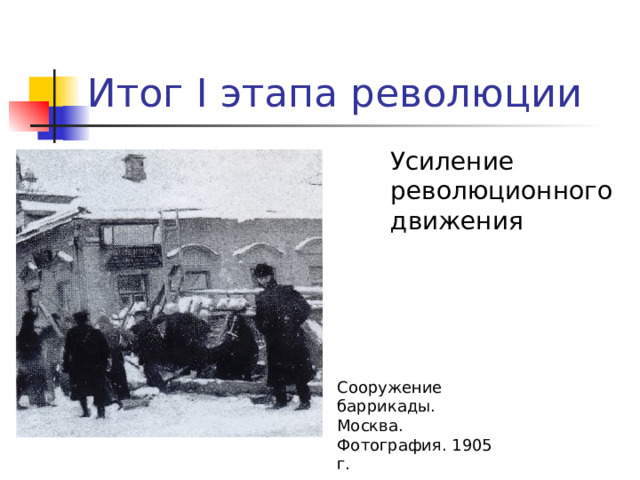 Итог I этапа революции  Усиление революционного движения Сооружение баррикады. Москва. Фотография. 1905 г.