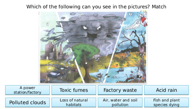 Which of the following can you see in the pictures? Match . A power station/factory Toxic fumes Factory waste Acid rain Factory waste Polluted clouds Loss of natural habitats Air, water and soil pollution Fish and plant species dying