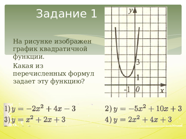 Задание 1 На рисунке изображен график квадратичной функции. Какая из перечисленных формул задает эту функцию?
