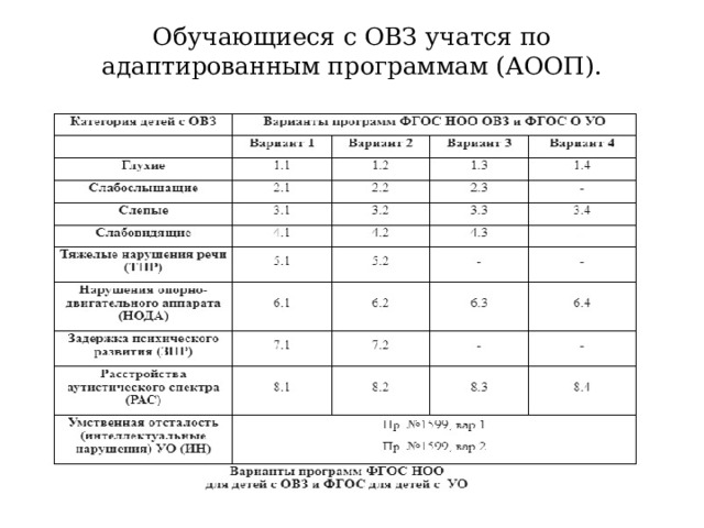 Обучающиеся с ОВЗ учатся по адаптированным программам (АООП).