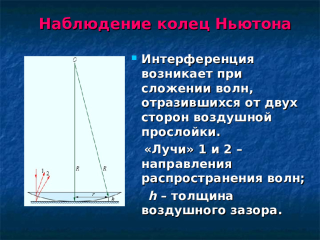 Наблюдение колец Ньютона   Интерференция возникает при сложении волн, отразившихся от двух сторон воздушной прослойки.  «Лучи» 1 и 2 – направления распространения волн;  h – толщина воздушного зазора.