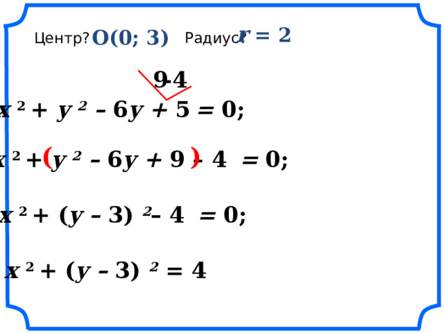 r = 2 O(0; 3) Центр? Радиус? -4 9 x 2 + y 2 – 6 y + 5  = 0; ( ) x 2 + y 2 – 6 y + 9 – 4  = 0; x 2 + ( y – 3)  2 – 4  = 0; «Геометрия 7-9» Л.С. Атанасян и др. x 2 + ( y – 3)  2 = 4 24