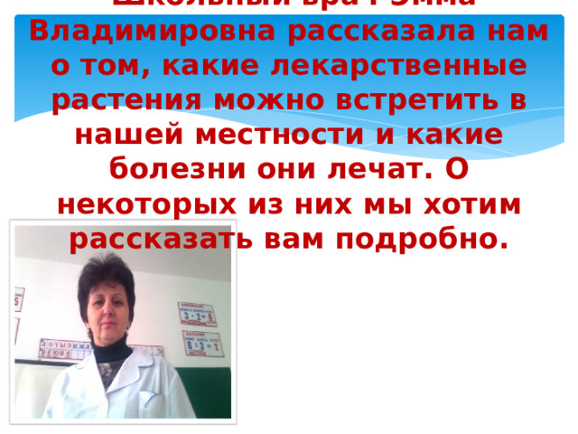 Школьный врач Эмма Владимировна рассказала нам о том, какие лекарственные растения можно встретить в нашей местности и какие болезни они лечат. О некоторых из них мы хотим рассказать вам подробно.