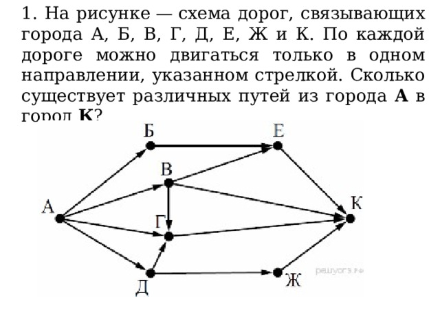 1. На рисунке — схема дорог, связывающих города А, Б, В, Г, Д, Е, Ж и К. По каждой дороге можно двигаться только в одном направлении, указанном стрелкой. Сколько существует различных путей из города А в город К ?