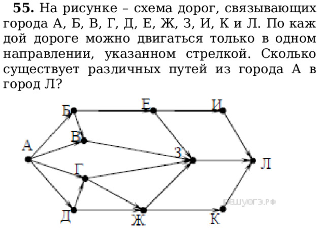 55.  На ри­сун­ке – схема дорог, свя­зы­ва­ю­щих го­ро­да А, Б, В, Г, Д, Е, Ж, З, И, К и Л. По каж­дой до­ро­ге можно дви­гать­ся толь­ко в одном на­прав­ле­нии, ука­зан­ном стрел­кой. Сколь­ко су­ще­ству­ет раз­лич­ных путей из го­ро­да А в город Л?