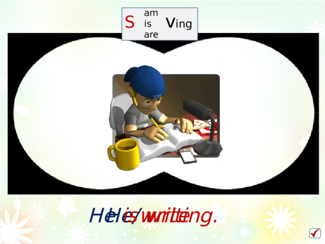 am is are S   v ing He/ write He is  writing.