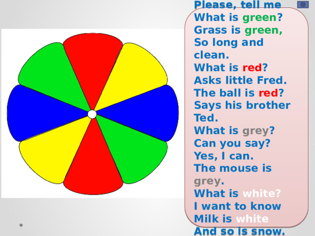 Please, tell me What is green ? Grass is green, So long and clean. What is red ? Asks little Fred. The ball is red ? Says his brother Ted. What is grey ? Can you say? Yes, I can. The mouse is grey . What is white? I want to know Milk is white And so is snow.