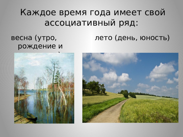 Каждое время года имеет свой ассоциативный ряд: весна (утро, рождение и молодость) лето (день, юность)