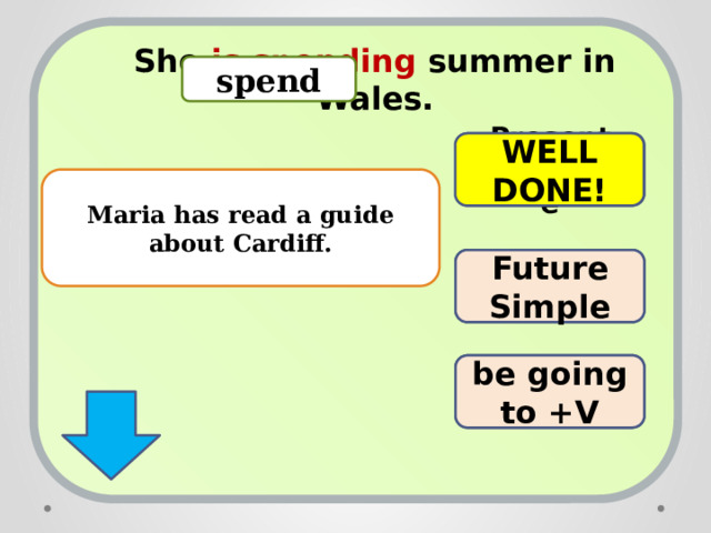 She is spending summer in Wales.  spend Present Progressive WELL DONE! Maria has read a guide about Cardiff. TRY AGAIN! Future Simple TRY AGAIN! be going to +V