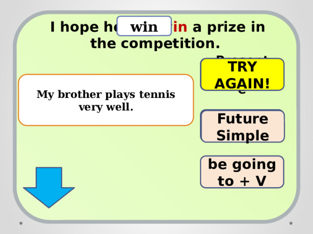 I hope he will win a prize in the competition. win  Present Progressive TRY AGAIN! My brother plays tennis very well. WELL DONE! Future Simple TRY AGAIN! be going to + V