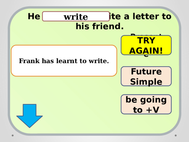 He is going to write a letter to his friend.  write Present Progressive TRY AGAIN! Frank has learnt to write. TRY AGAIN! Future Simple WELL DONE! be going to +V