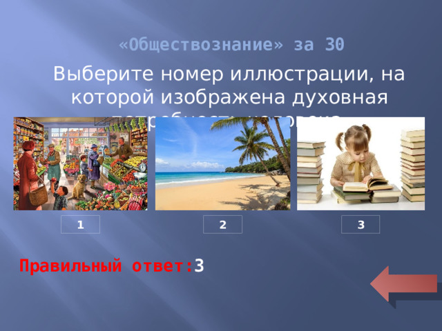 «Обществознание» за 30 Выберите номер иллюстрации, на которой изображена духовная потребность человека   1 2 3 Правильный ответ: 3