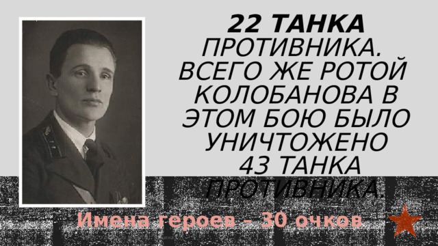 22 танка противника.  Всего же ротой  Колобанова в этом бою было уничтожено  43 танка противника.   Имена героев – 30 очков МОУ 