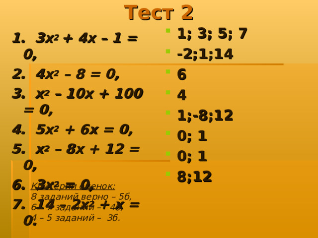 Тест 2 1; 3; 5; 7 -2;1;14 6 4 1;-8;12 0; 1 0; 1 8;12 1. 3х 2 + 4х – 1 = 0, 2. 4х 2 – 8 = 0, 3. х 2 – 10х + 100 = 0, 4. 5х 2 + 6х = 0, 5. х 2 – 8х + 12 = 0, 6. 3х 2 = 0, 7. 14 – 2х 2 + х = 0.  Критерии оценок: 8 заданий верно – 5б, 6 – 7 заданий – 4б, 4 – 5 заданий – 3б.