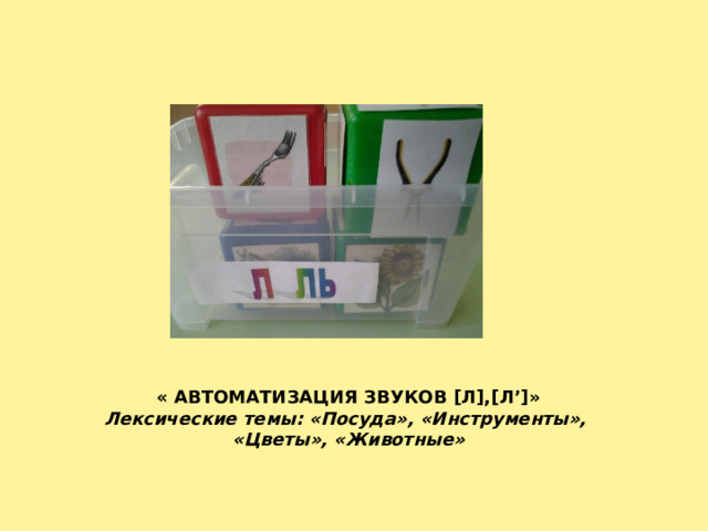 « АВТОМАТИЗАЦИЯ ЗВУКОВ [ Л ] , [ Л ’] » Лексические темы: «Посуда», «Инструменты», «Цветы», «Животные»