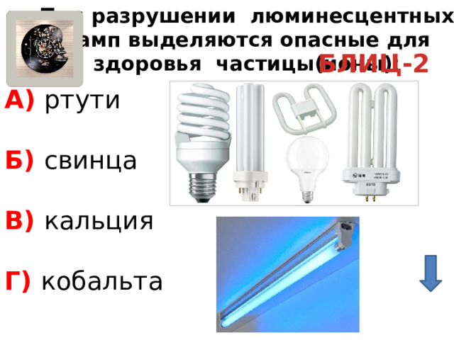 При разрушении люминесцентных ламп выделяются опасные для здоровья частицы(ионы) : БЛИЦ-2 А) ртути Б) свинца В) кальция Г) кобальта