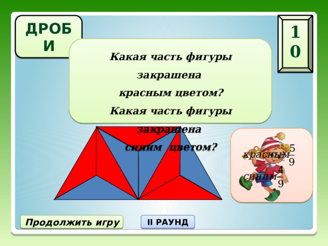 ДРОБИ 10 Какая часть фигуры закрашена  красным цветом? Какая часть фигуры закрашена  синим цветом?  II РАУНД Продолжить игру