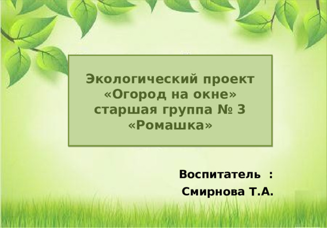 Экологический проект  «Огород на окне»  старшая группа № 3  «Ромашка»   Воспитатель :  Смирнова Т.А.