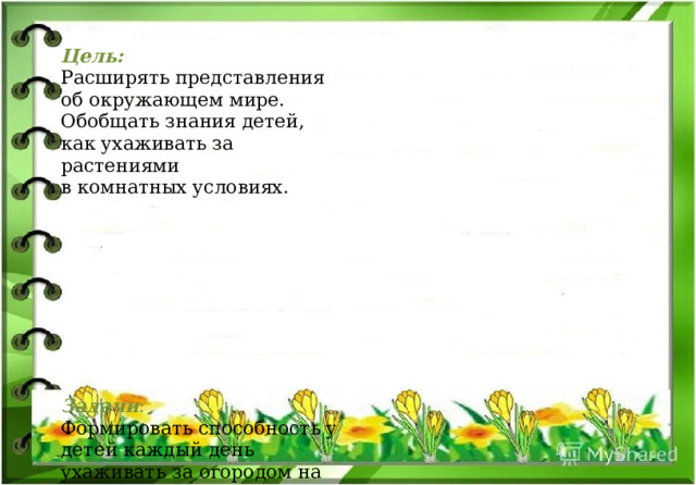 Цель:  Расширять представления об окружающем мире.  Обобщать знания детей,  как ухаживать за растениями  в комнатных условиях.           Задачи :  Формировать способность у детей каждый день ухаживать за огородом на окне.  Дать представления о том как влияет на рост растений свет, вода, тепло.  Формировать способность видеть результаты своего труда.  Воспитывать бережное отношение к природе.