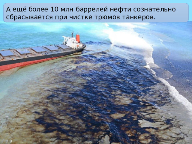 А ещё более 10 млн баррелей нефти сознательно сбрасывается при чистке трюмов танкеров.