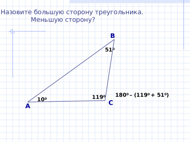 Назовите большую сторону треугольника.  Меньшую сторону? В 51 0 180 0 – (119 0 + 51 0 )  119 0 10 0 С А
