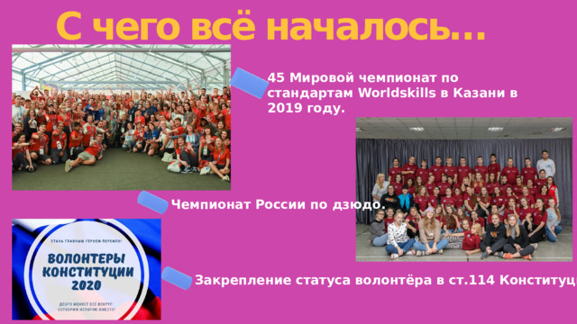 С чего всё началось… 45 Мировой чемпионат по стандартам Worldskills в Казани в 2019 году. Чемпионат России по дзюдо. Закрепление статуса волонтёра в ст.114 Конституции РФ.